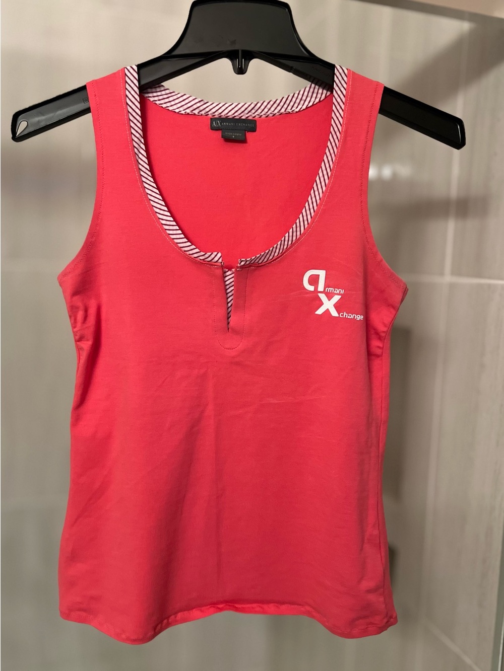 Armani Exchange Coral Pink Striped Trim Notch Neck Tank Top
